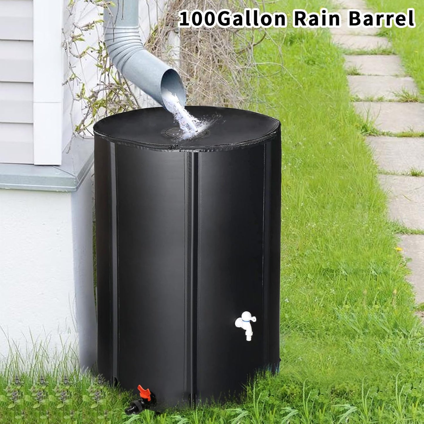 100 Gallon Collapsible Rain Barrel, Portable Rainwater Collection System, Water Storage Tank, Rain Catcher Barrel with Two Spigots and Overflow Kit, Rain Water Barrel Collector for Garden, Black