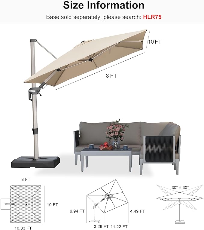 PURPLE LEAF 8' X 10' Left-right Tilting Patio Umbrella Outdoor Swivel Cantilever Umbrella Aluminum Offset Umbrella with Champagne Frame and 360-degree Rotation for Garden Deck Pool, Beige