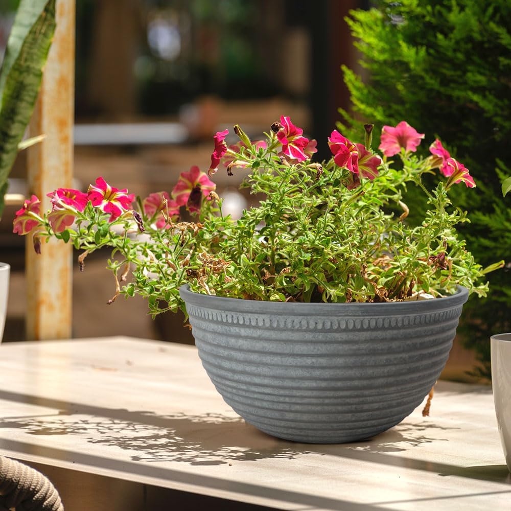 2 Pack 10 Inch Plant Pots,Durable Decorative Flower Pots Planters with Drainage Hole for Indoor and Outdoor Plants,Flowers,Succulents, Gray