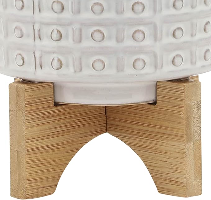 Sagebrook Home Ceramic Planter with Stand - Textured Stoneware Pot with Bamboo Wood Base - Modern Indoor & Outdoor Plant Holder - 8" Ivory