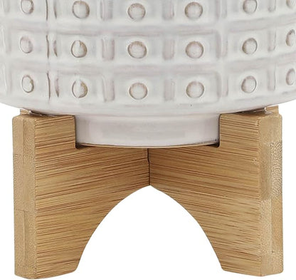 Sagebrook Home Ceramic Planter with Stand - Textured Stoneware Pot with Bamboo Wood Base - Modern Indoor & Outdoor Plant Holder - 8" Ivory