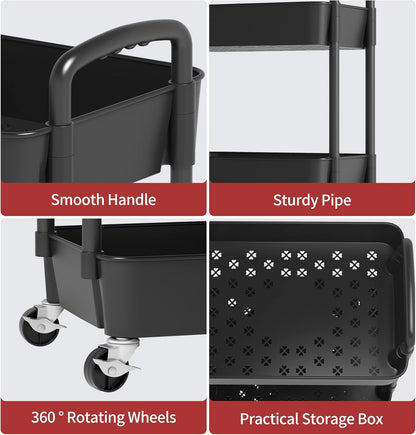 Sywhitta 4-Tier Plastic Rolling Utility Cart with Handle, Multi-Functional Storage Trolley for Office, Living Room, Kitchen, Movable Storage Organizer with Wheels, Black