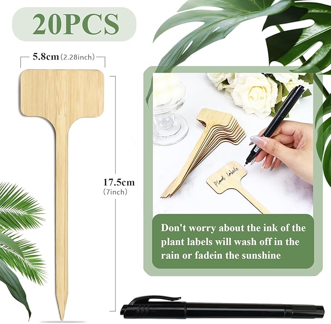 20 Pieces Extra Long Plant Labels, 7 inch Bamboo T-Type Plant Tags for Indoor Outdoor Garden Plants, Flowers Vegetables Fruit Herb Label Name Stakes Signs (7" x 2.28" x 0.07")