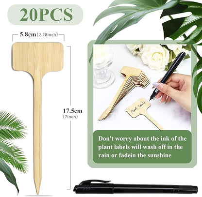 20 Pieces Extra Long Plant Labels, 7 inch Bamboo T-Type Plant Tags for Indoor Outdoor Garden Plants, Flowers Vegetables Fruit Herb Label Name Stakes Signs (7" x 2.28" x 0.07")