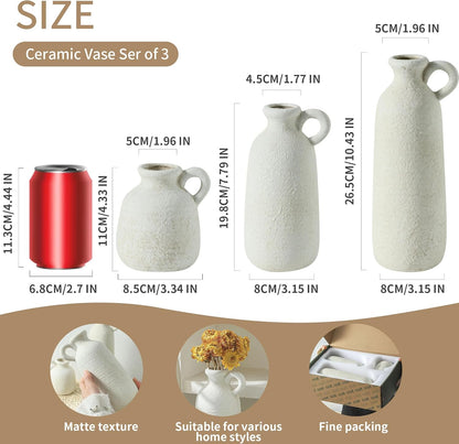 Ceramic Vase Set of 3 with Handle, Neutral Rustic Vases Home Decor Farmhouse Decorative Vase Whitewashed Pottery Decor Modern for Table Mantel Entryway Bookshelf Living Room Kitchen Bedroom - White