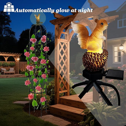 Garden Obelisk Trellis for Climbing Plants Outdoor, Rose Bush Round Trellis with Squirrel Head Auto Sensor Solar Light Tomato Plant Support for Raised Beds Vines Cucumbers Tomato Cage 59'' High,I Pack