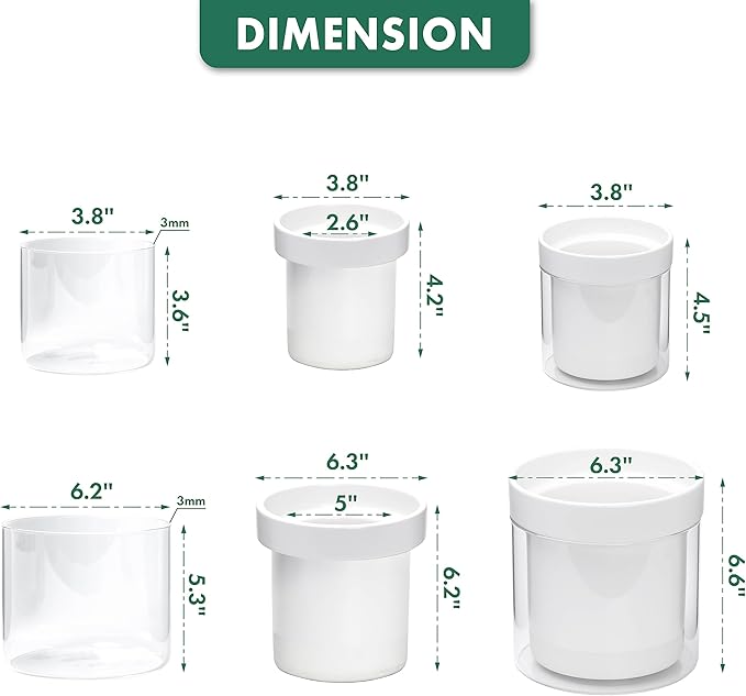 Phoenix Vine 6 Inch 4 Inch Self Watering Planter, White Terracotta Clay Pots with Glass Reservoir for Indoor Plants, Herbs, Flowers, 52-B-G-46