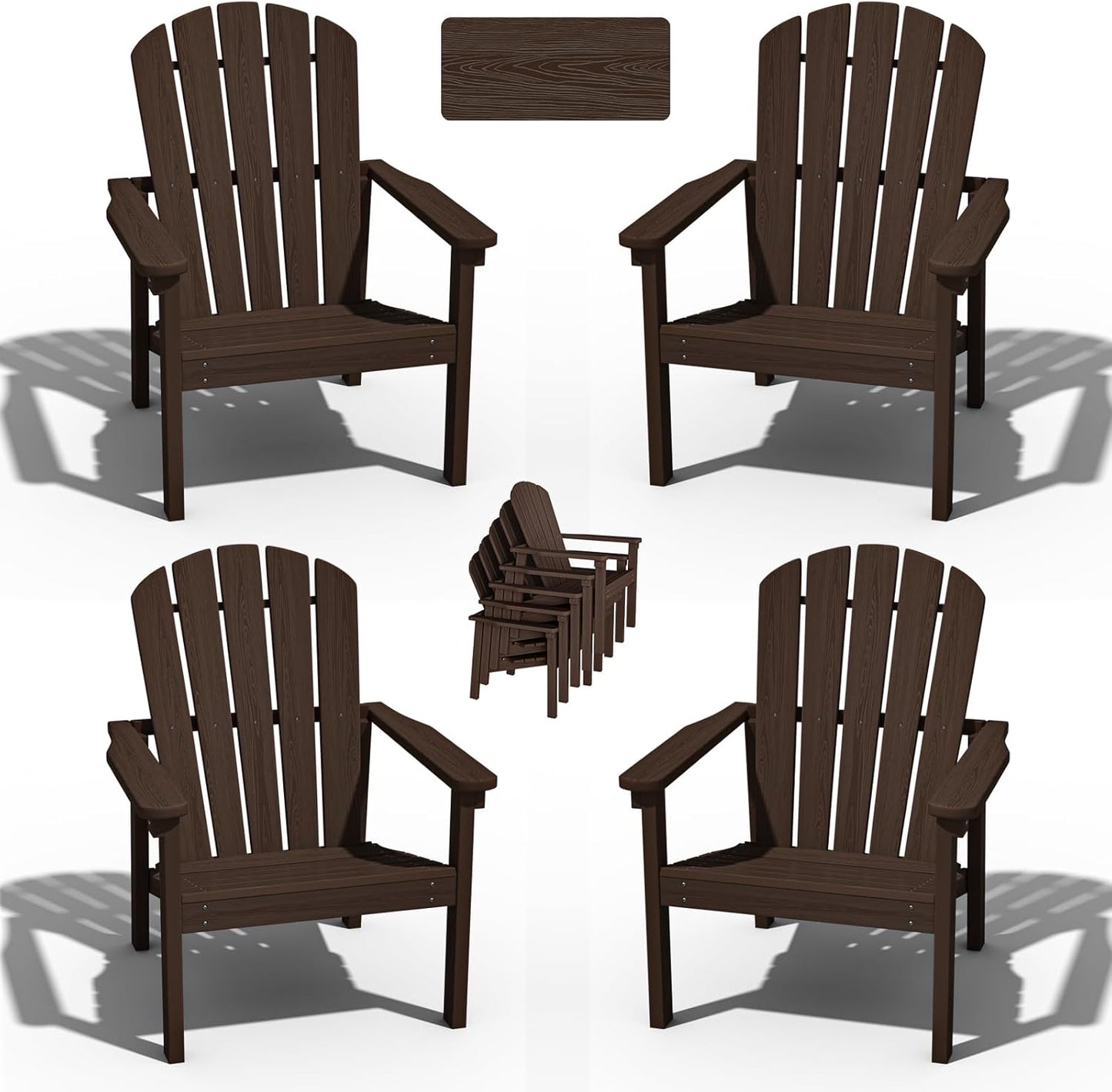 Stackable Adirondack Chair Set of 4, HDPE Outdoor Patio Chair - Durable and Space Saving, Suitable for Porches, Lawns or Garden, Coffee