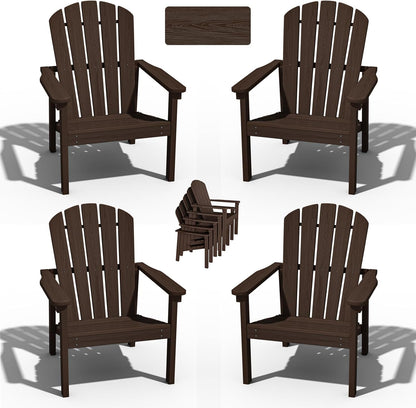 Stackable Adirondack Chair Set of 4, HDPE Outdoor Patio Chair - Durable and Space Saving, Suitable for Porches, Lawns or Garden, Coffee