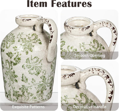 Ceramic Rustic Farmhouse Vase, 9 inch Ceramic Green and White Vase for Centerpieces Pampas Grass Pottery Jug with Handle Boho Chinoiserie Decor Vintage Vases for Living Room Kitchen Dinner Table Shelf