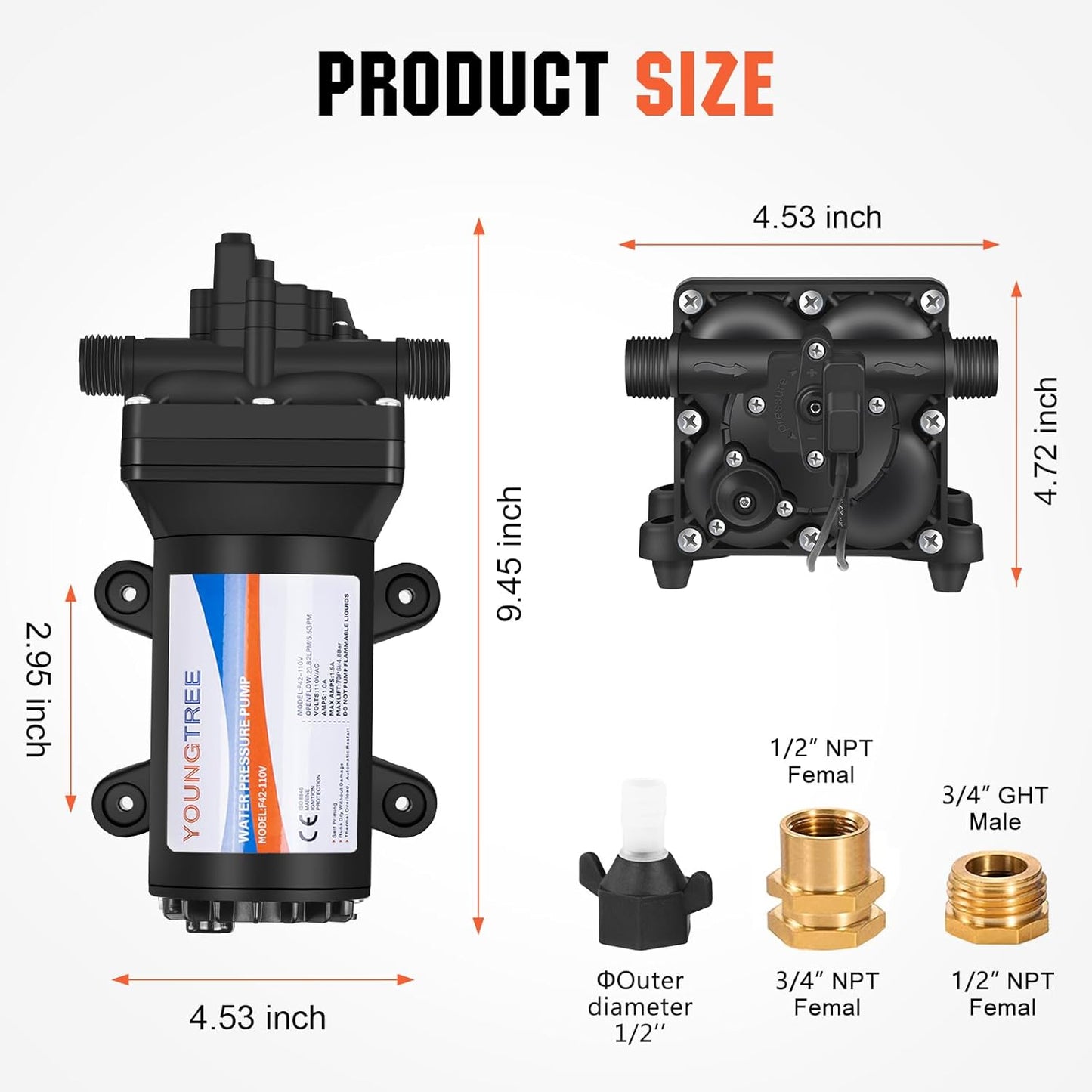 YOUNGTREE 110V Water Pump with Pressure Switch include Power Plug 5.5 GPM 70PSI 110VAC Water Pressure Booster Pump for Home Kitchen Bathroom RV Marine Yacht Garden Hose