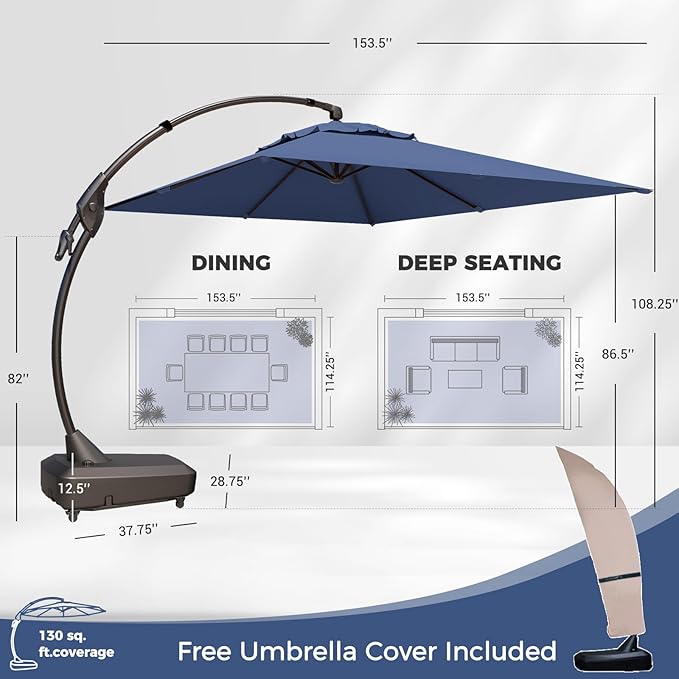 Grand patio 10x13 FT Cantilever Umbrella with Base & Cover Outdoor Aluminum Rectangle Offset Umbrella Canopy for Pool Garden (Navy Blue, 10x13 FT)