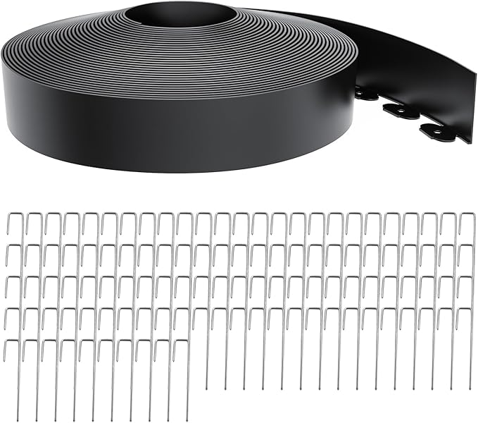 Landscape Edging 4 Inch Tall 100FT with 110Pcs Metal Spikes, Plastic Garden Edging Border Landscape Edging Border Lawn Edging for Landscaping, Flower Bed, Yard