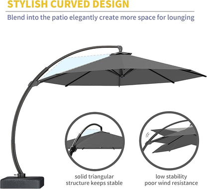 Kingdura 11ft Cantilever Patio Umbrella with Base Included, Large Round Offset Outdoor Pool Umbrella, 360° Rotation & Infinite Tilt, Heavy Duty Aluminum Frame for Deck Backyard, Grey