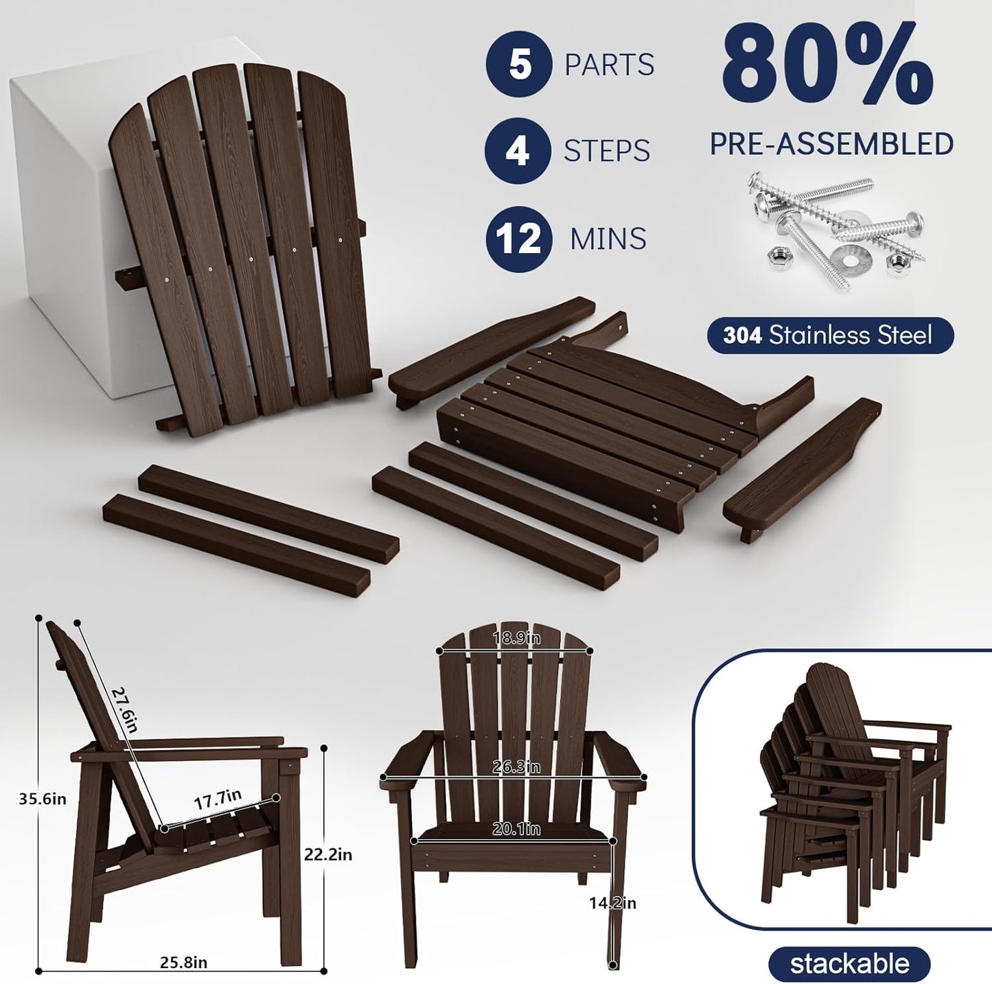 Stackable Adirondack Chair Set of 4, HDPE Outdoor Patio Chair - Durable and Space Saving, Suitable for Porches, Lawns or Garden, Coffee