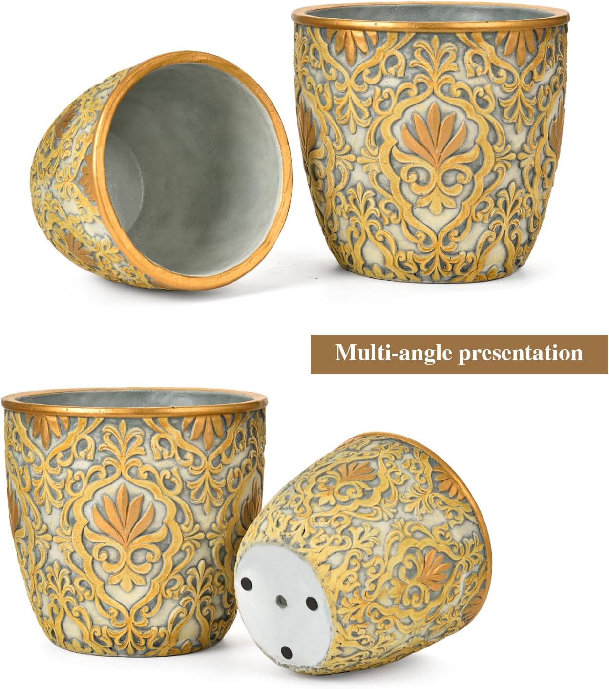 Sungmor Large Heavy Duty Cement Planters, Beautiful Embossed Concrete Garden Pots, 8" & 10" Set of 2 Plant Pots with Drainage Hole, Home Garden Decorative Flower Pots for Indoor Outdoor Plants Floral