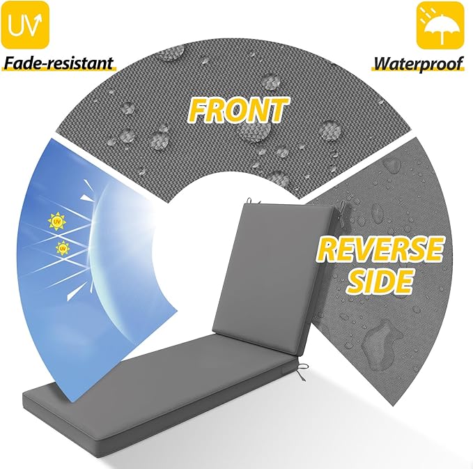 AAAAAcessories Outdoor Chaise Lounge Cushions, Waterproof, Fade-Resistant Patio Furniture Replacement Cushions, 74" x 23" x 3", Dark Gray