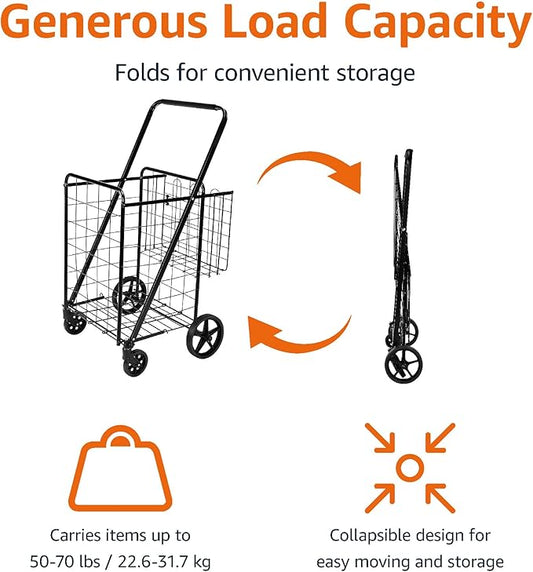 Amazon Basics Foldable Shopping Utility Cart with 360-Degree Wheels, Easy Assembly, Black, X-Large