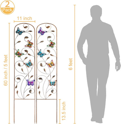 LEWIS&WAYNE 2 Pack Metal Garden Trellis with Colorful Butterfly 60 Inch High Outdoor Decoration Arched Fence Trellis for Climbing Plants for Patio, Lawn, Yard, Backyard, Wall Brackets