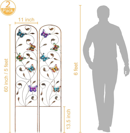 LEWIS&WAYNE 2 Pack Metal Garden Trellis with Colorful Butterfly 60 Inch High Outdoor Decoration Arched Fence Trellis for Climbing Plants for Patio, Lawn, Yard, Backyard, Wall Brackets