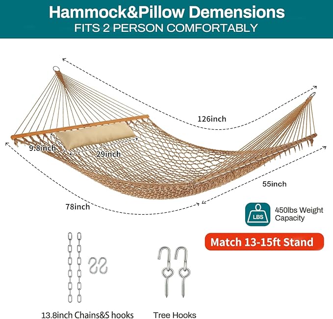 JoyView Traditional Rope Double Hammock - Hand Woven Cotton Hammock with Hardwood Spreader Bar and Pillow 450lb Capacity for Outdoor Indoor Patio Yard - Brown