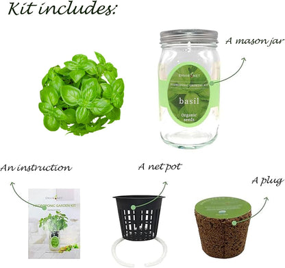 Hydroponic Growing Kit, Self-Watering Mason Jar Herb Garden Starter Kit Indoor, Windowsill Herb Garden, Grow Your Own Herbs from Organic Seeds (Basil)