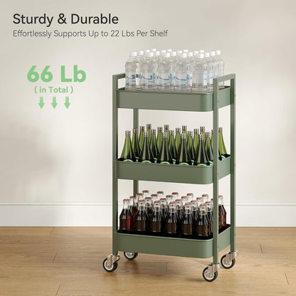 3 Tier Rolling Cart,Utility Cart with Locking Wheels, Hanging Cups,&Hooks, Heavy Duty Metal Storage Organizer Cart for Kitchen,Office, Bathroom,Craft Room,Green