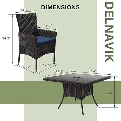 Kurapika 5-Piece Patio Furniture Outdoor Dining Set, Wicker Rattan Patio Dining Table and Chairs Set, Square Tempered Glass Tabletop with 4 Chair Set, Navy Blue