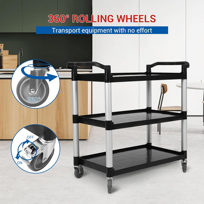 Utility Service Cart 3 Shelf, Rolling Push Cart with Brake Wheel, Plastic Heavy Duty 3-Tier Food Service Cart for Office, Warehouse, Garage, Restaurant, Cleaning, 360lbs Capacity, Black
