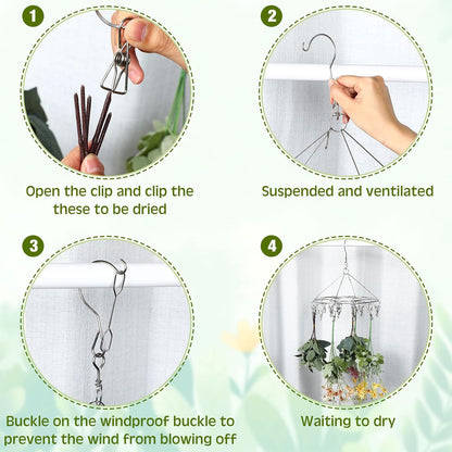 Bokon 4 Pcs Hanging Drying Rack for Herb Macrame Flower with Stainless Clip Dryer Hook for Drying Herb Air Plants Spices Flower Hydroponic Plant Ready to Use with Ceiling Hook(Round)