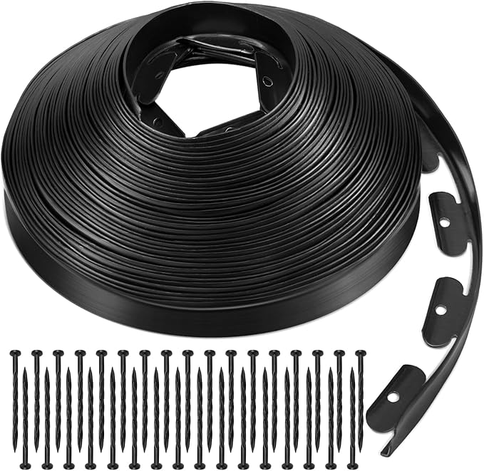 Landscape Edging 2 Inch Tall 100 FT, Garden Edging Border with 5 Pcs Connectors and 60 Pcs Anchoring Spikes for Garden Flower Beds Yard Lawn