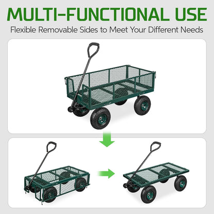 TAIFA Heavy Duty Steel Garden Cart 880 Lbs Capacity with Removable Sides for Yard Lawn and Farm, Metal Utility Wagon with 180° Rotating Handle, Green