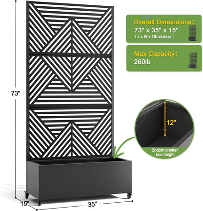 FENCY Metal Raised Garden Bed with Wheels and Trellis,73"x35"x16" Planter Box for Climbing Plants, Vegetables & Vines, Features Privacy Screen and Drainage Holes (Black-Modern)