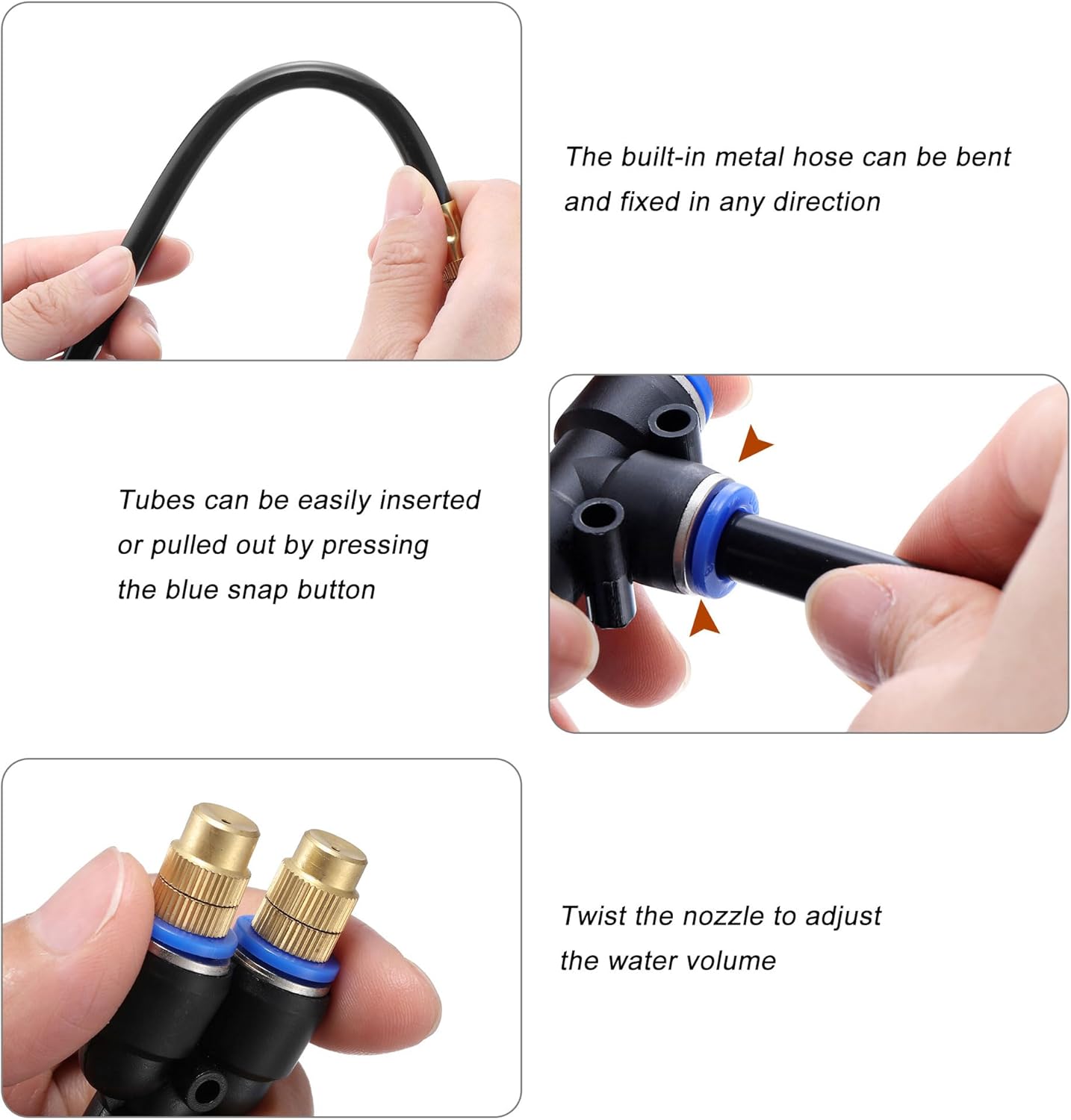 Mornajina 3Packs 2 Way Brass Misting Nozzles Tee with 9inch Built in Hose for Outdoor Cooling System, Adjustable 360° Rotation, Water Mister Nozzles Thread Sprayer 0.043" (1.1 mm)
