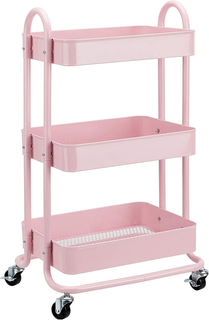 Amazon Basics 3-Tier Rolling Utility or Kitchen Cart, Lockable Wheels, Multifunctional Storage, Dusty Pink