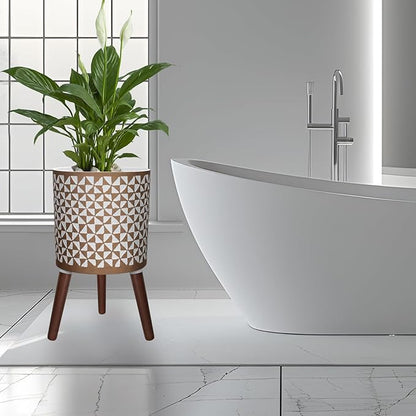 10 Inches Plant Pots with Wood Stand Large Modern Standing Planters for Indoor Mid Century Flower Pot with Drainage Holes Big White & Gold Planters for Living Room, Office, Garden or Balcony