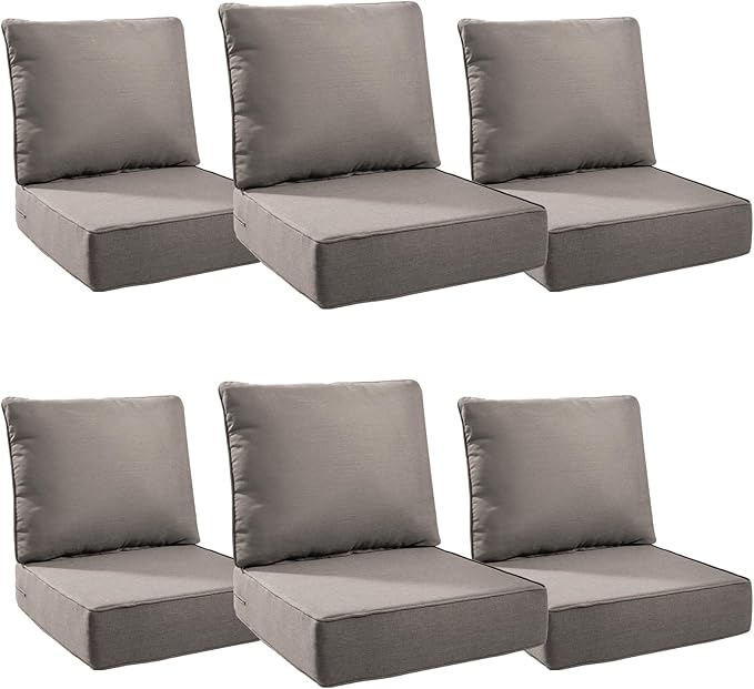Luxury 6" Outdoor Cushions for Patio Furniture, 24x24x6" Thick Seat Cushion Set of 6, Fade Resistant Couch Chair Replacement Cushions High Density Deep Wicker Chair Cushion w/ Removable Cover Gray