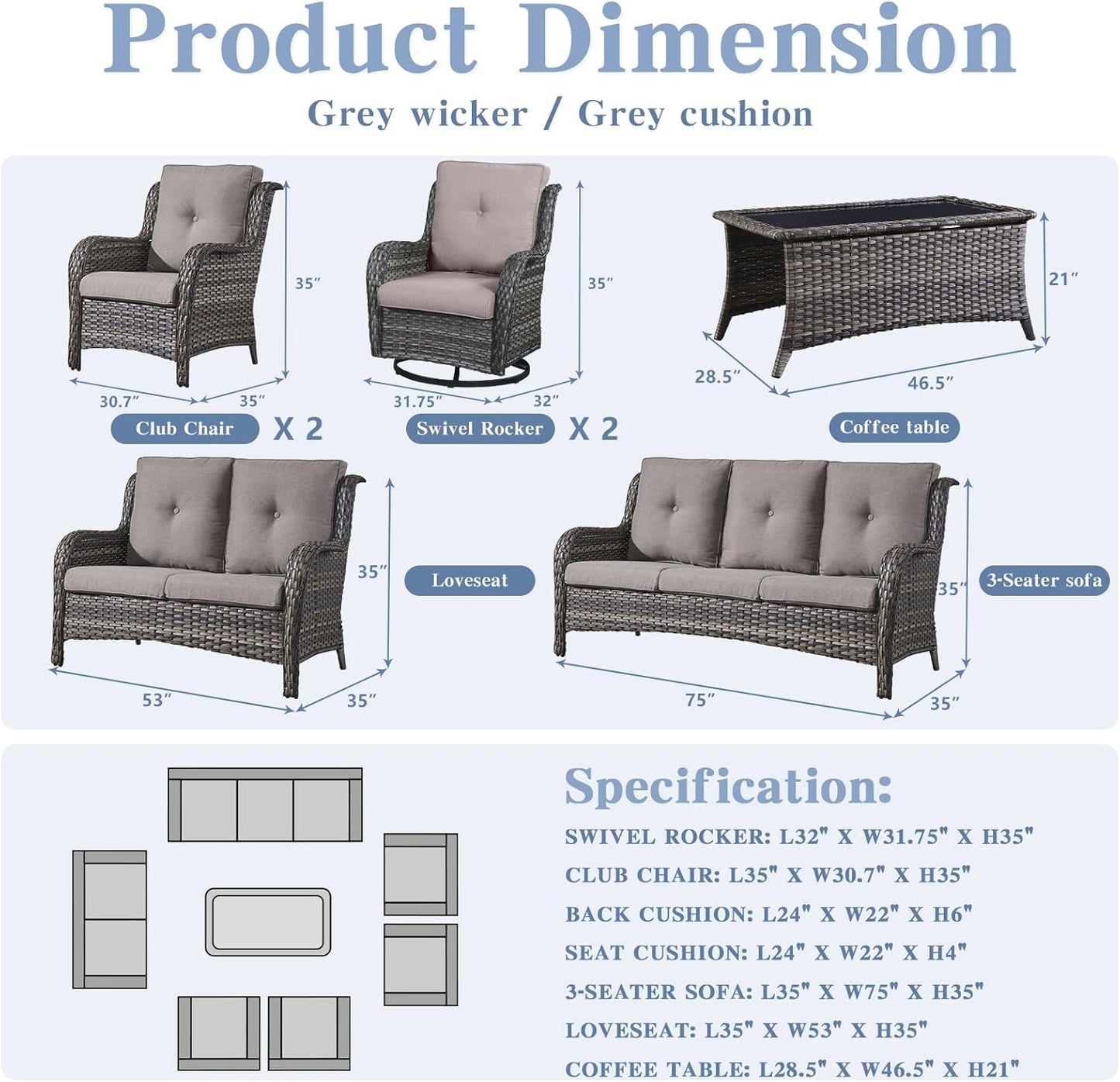 Outdoor Wicker Furniture Patio Set - 7 Piece Backyard Furniture Grey Rattan Conversation Sets with Swivel Rocker Chairs, Rattan Sofa, Club Chairs and Coffee Table, Grey Cushion