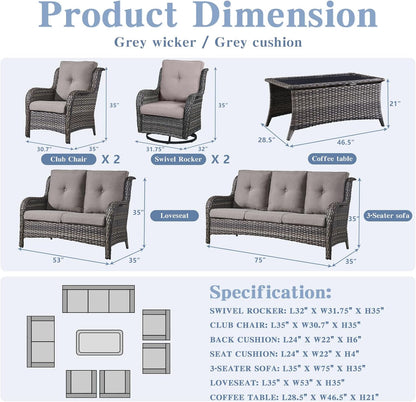 Outdoor Wicker Furniture Patio Set - 7 Piece Backyard Furniture Grey Rattan Conversation Sets with Swivel Rocker Chairs, Rattan Sofa, Club Chairs and Coffee Table, Grey Cushion