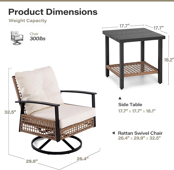 LAUSAINT Home 3 Pieces Rocking Bistro Set, Wicker Patio Bistro Set with 2 Rocking Chairs and 1 Coffee Table, Outdoor Swivel Rocker Patio Chairs with Thickened Cushions for Porch, Backyard (Beige)