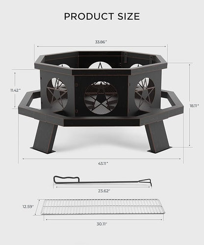 43 inch Fire Pit, Outdoor Fire Pits with Cooking Grill, Wood Burning Fire Pits for Outside, Octagonal Heavy Duty Large Firepit with Poker for Bonfire, Backyard, Camping, Bronze