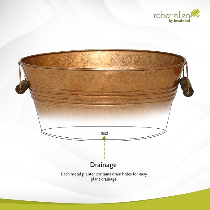 Headwind Vintage Collection 14-Inch New Penny Oval Galvanized Tub with Handles – Metal Wash Basin Planter - Galvanized Metal Tub for Indoor & Outdoor Use by Robert Allen