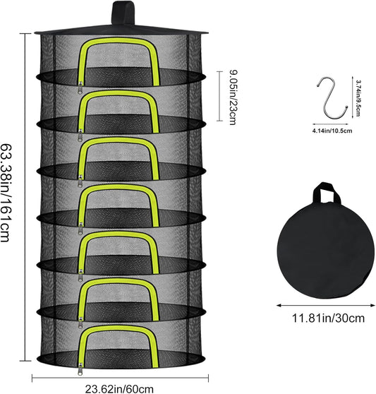 7 Layer Herb Drying Rack, Herb Drying Rack Hanging Mesh, Foldable Bud Drying Net with U-Shaped Zipper, Hooks, for Drying Herbs Plants, Flowers, Fruits, Food, Camping (7 Layers-23.62'')