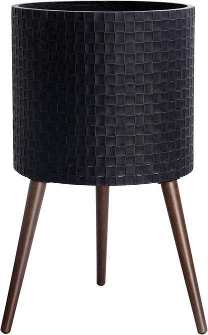 D'vine Dev 16 Inch Modern Geometric Tile Patterned Sleek Planter Pot with Stand, Indoor Outdoor Decorative Plant Holder, Distressed Black, 88-Z-E-5