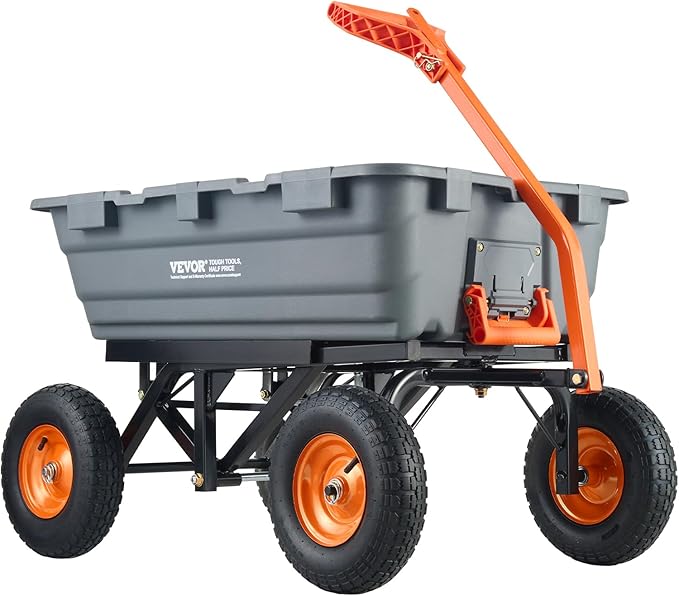 VEVOR 1500lbs Poly Garden Dump Cart Wheelbarrow Wagon with 2 in 1 Convertible Handle, Heavy Duty Yard Cart Wagon for with 13in All Terrain Wheels, Dump Trailer Tow Behind for Lawn Mower Tractor