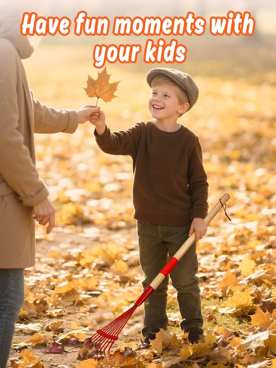 Kids Friendly Rakes for Leaves - 28" Child Size Small Rake with Durable Metal Head & Hardwood Handle, Real Lawn Garden Yard Tools for 3+ Years Kids Enjoy Helping Work Gifts (Red)