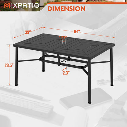 Outdoor Patio Dining Table for 6, 64" x 39" Rectangular Metal Patio Dining Table with Umbrella Hole for Garden, Backyard and Porch