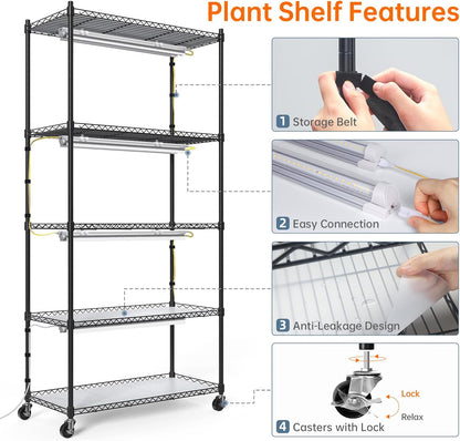 Plant Shelf with Grow Lights, 5-Tier Plant Stand with T8 24W Grow Light for Indoor Plants with Wheel, 5000K Full Spectrum LED Plant Light with Timer for Seedling, Seed Starting, 29.5x13.8x59IN