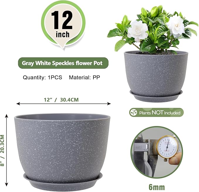 Plant Pots 12 inch, Plastic Planters with Drainage Holes and Saucers, Large Flower Pots for Indoor Outdoor Plants, Modern Decorative Pots for Garden House Plants, Speckled Grey