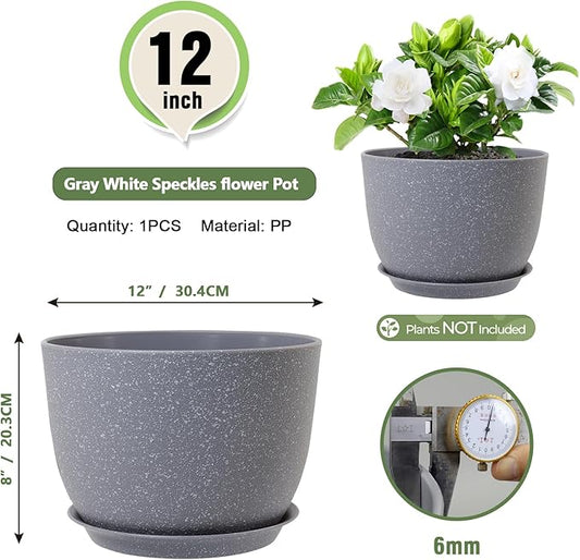 Plant Pots 12 inch, Plastic Planters with Drainage Holes and Saucers, Large Flower Pots for Indoor Outdoor Plants, Modern Decorative Pots for Garden House Plants, Speckled Grey